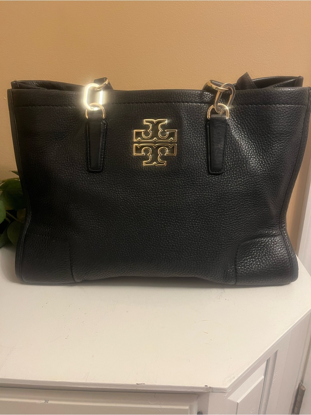 Tory Burch Black Pebbled Leather Tote with Gold Logo Hardware